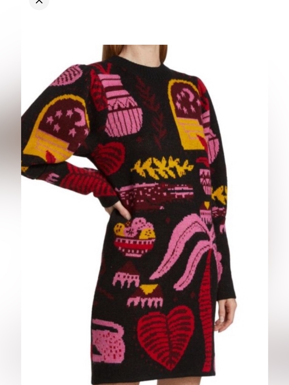 Farm Rio Colorful Graphic Black Knit Sweater Dress with Pink Yellow Accents XL